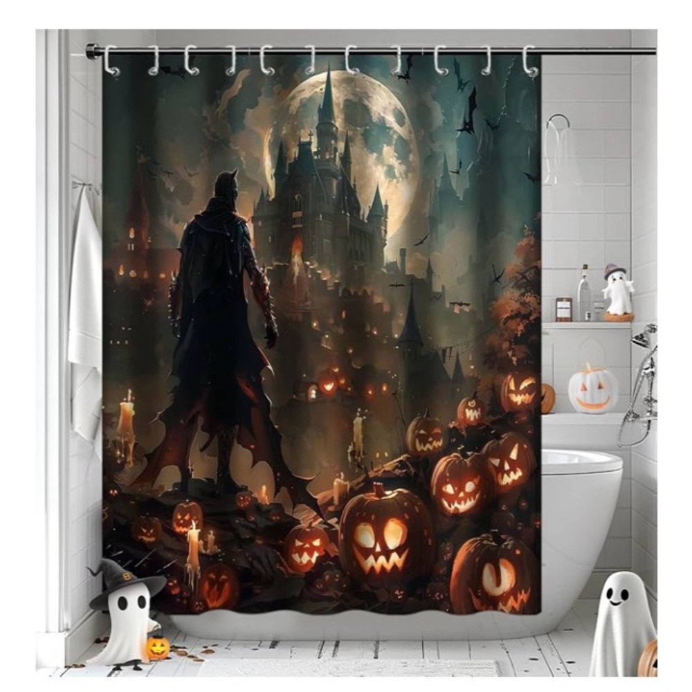 🦇🏯🎃Spooky Vampire Castle Halloween Shower Curtain/Party Photo Backdrop